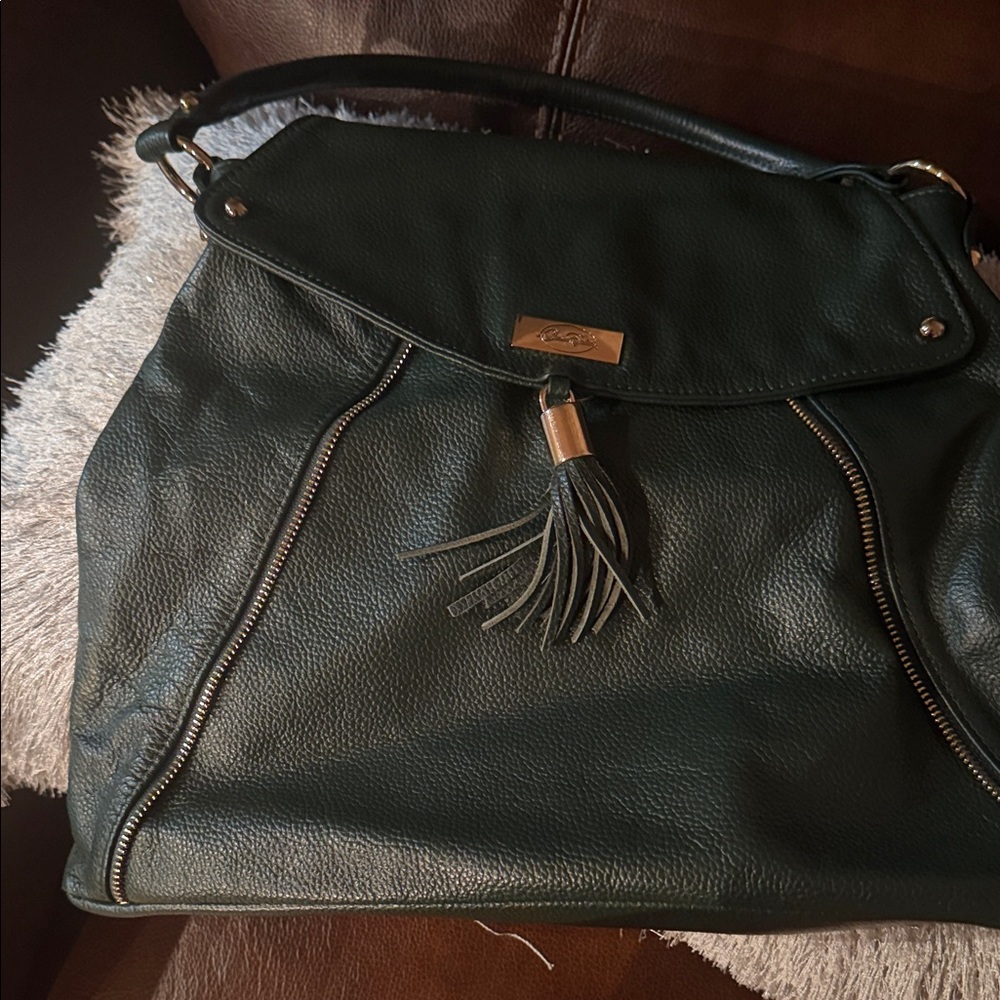 Onna Ehrlich Dark Green Leather Shoulder Bag with Tassel